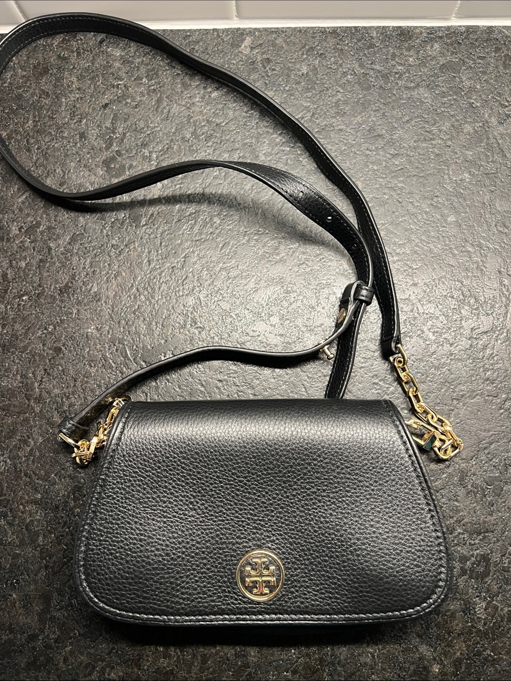 Tory Burch Black Pebbled Leather Flap Crossbody with Gold Hardware nwot